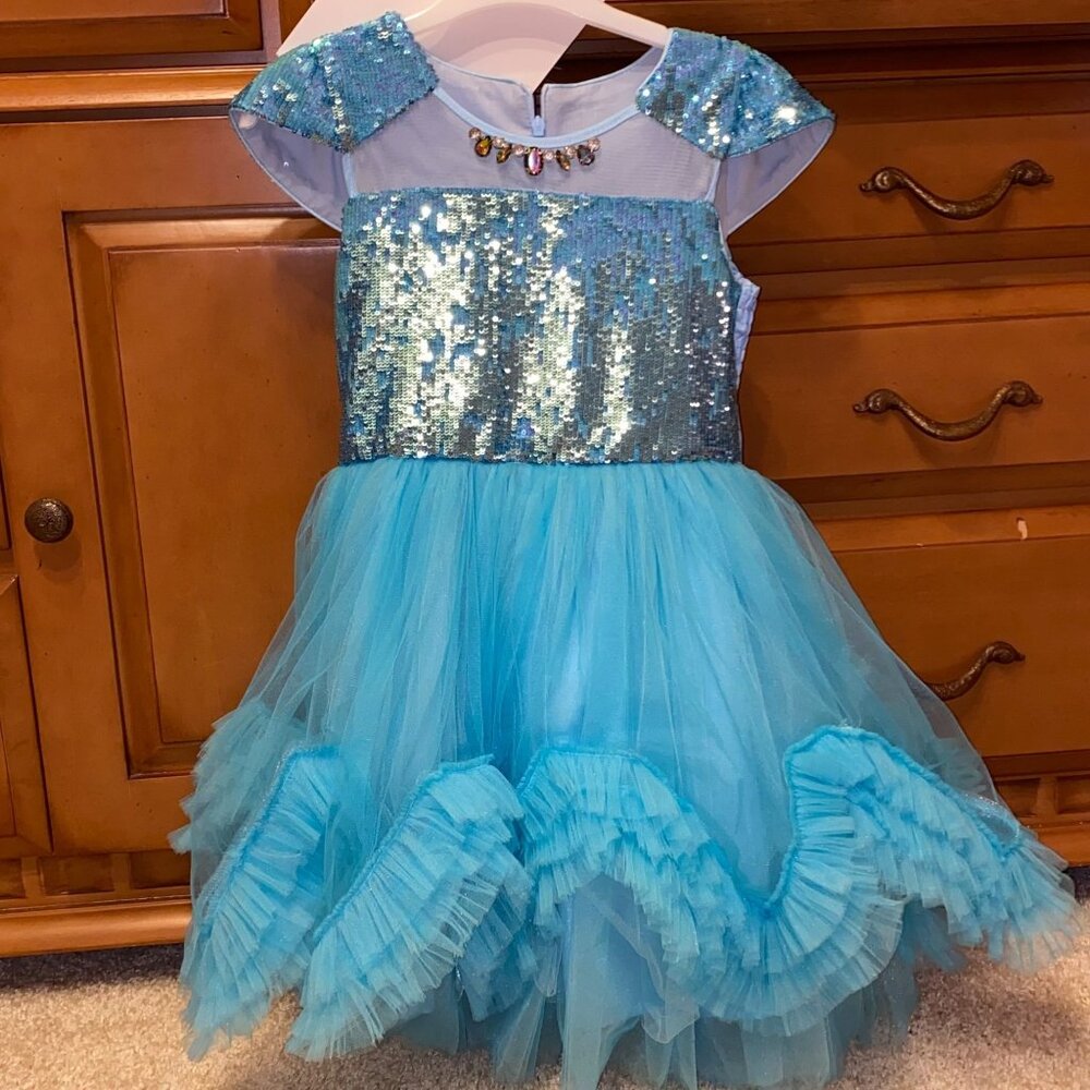Lindissima Girls Aqua Sequin Tulle Dress Size 7 with Bow and Gem Details Party D